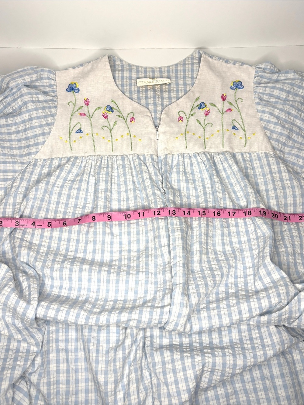 Housecoat Dress Blue Gingham Embroidered Yoke muumuu nightgown lounge vintage L - Picture 7 of 8